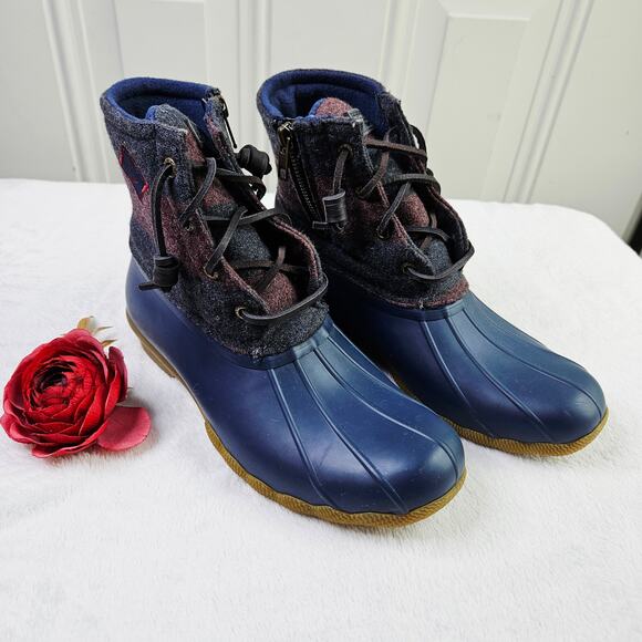 Sperry Womens Size 8 Saltwater Varsity Striped Duck Boots Rain Boots Wool - Picture 2 of 11